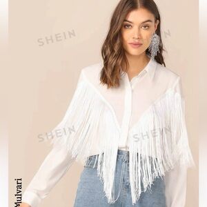 Fringe trim chevron sheer button down
